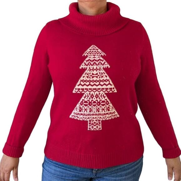 Talbot Velvet Red White Christmas Tree Oversized Turtle Cowl Neck Sweater Size L - Picture 3 of 6